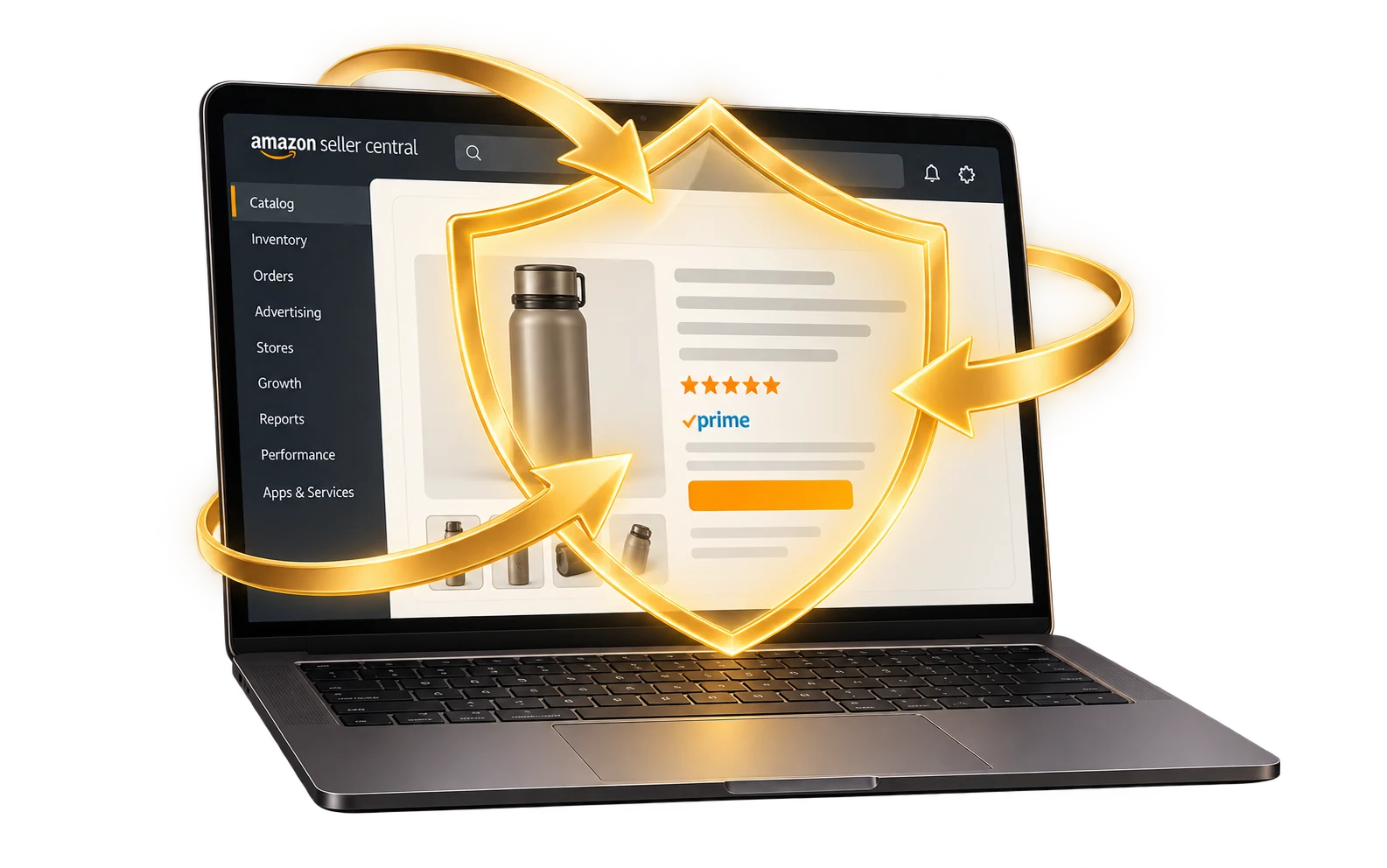 Amazon Seller Central laptop protected by a shield with directional arrows