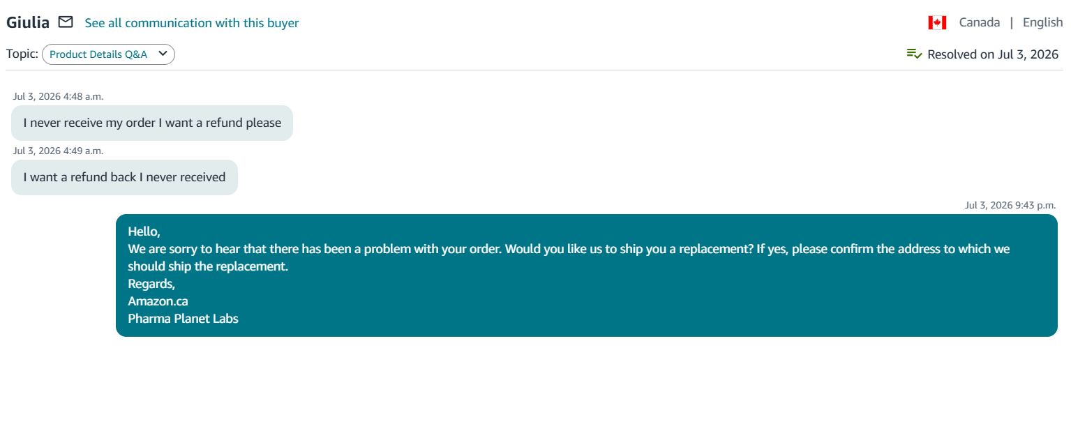 Resolved Amazon Canada buyer message showing a replacement offered for an undelivered order