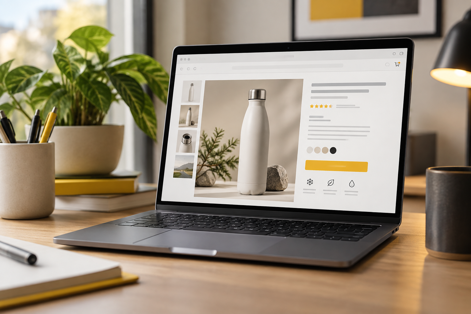 Product advertisement shown on a laptop