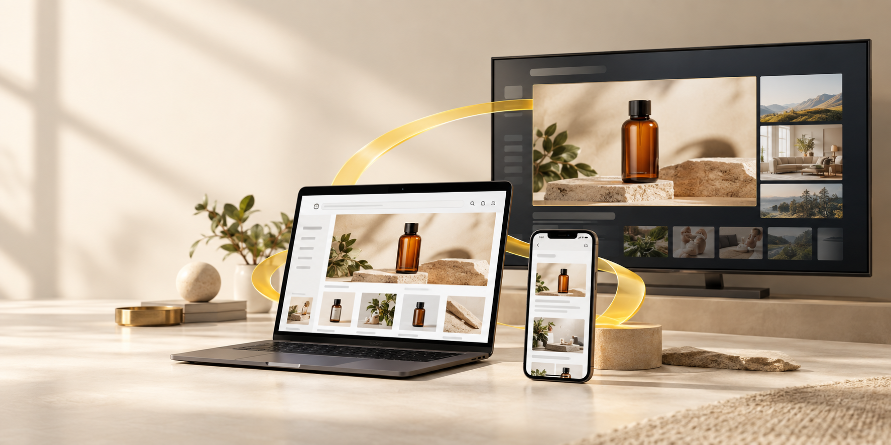 A product campaign presented across laptop, mobile, and television screens