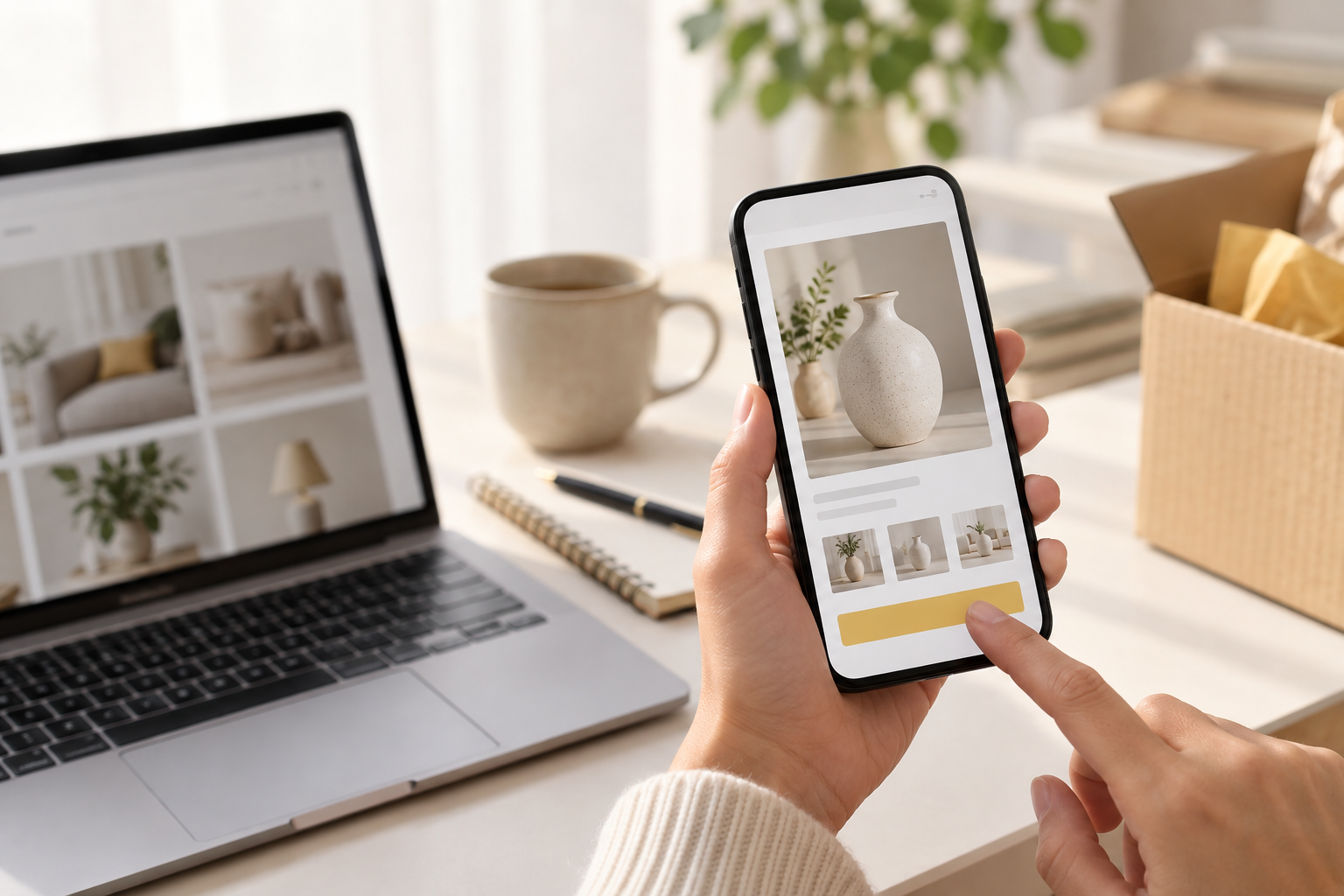 Shopper browsing a product on a mobile device with a laptop nearby