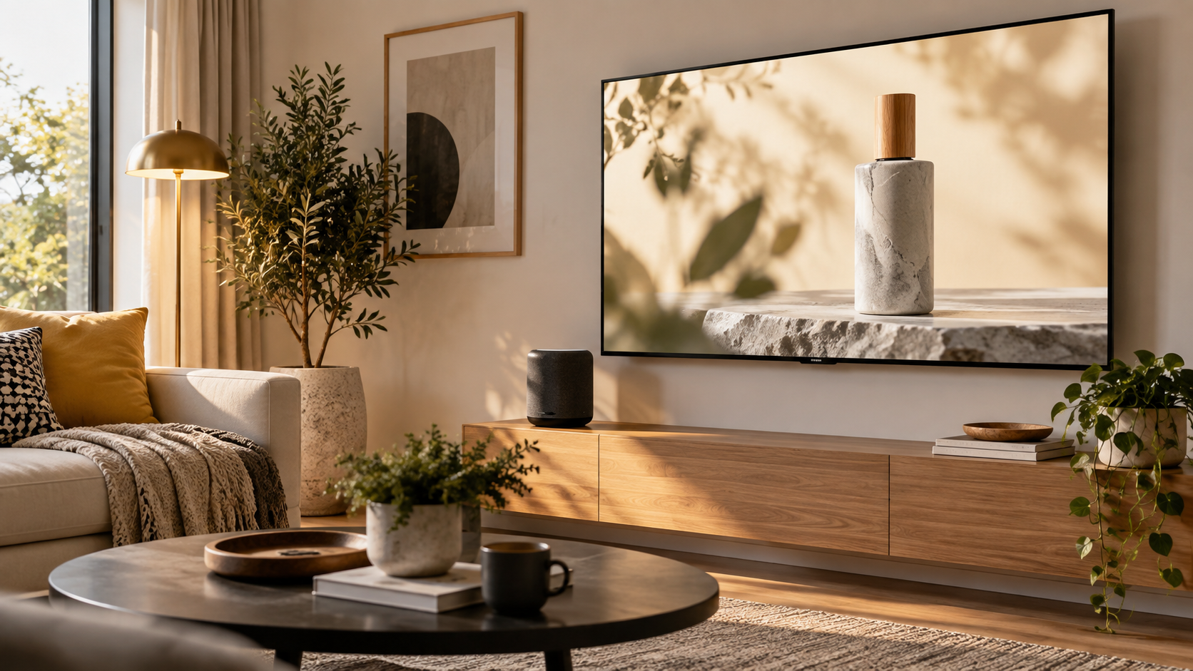 Product creative displayed on a television