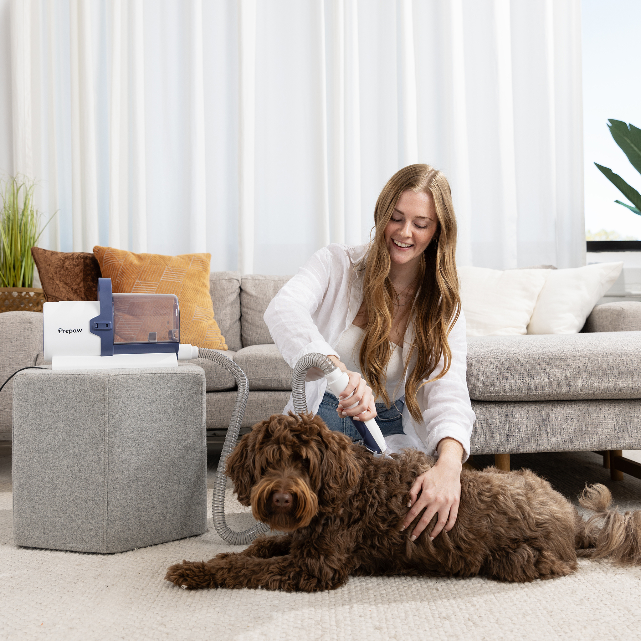 PREPAW grooming vacuum in use with a dog