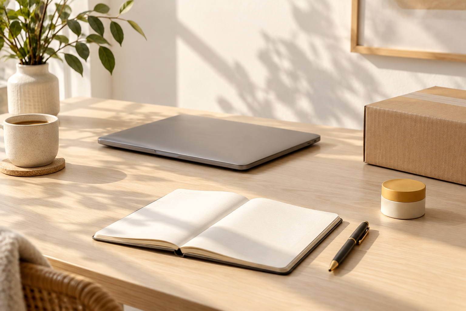 Clear, sunlit worktable with a blank notebook, closed laptop and a neatly prepared parcel