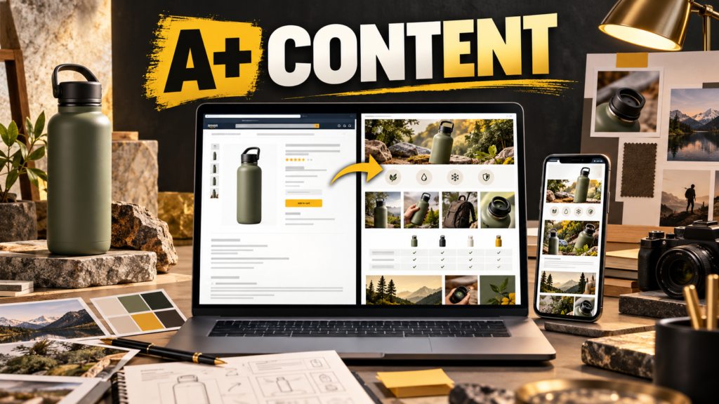 Amazon A+ Content design workspace showing a basic product listing transformed into rich comparison and lifestyle modules