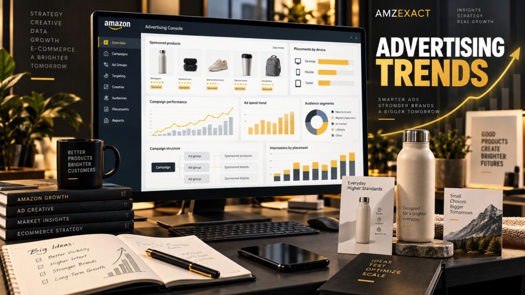 Anonymized Amazon advertising strategy dashboard with sponsored product placements, device mix, campaign structure and trend charts