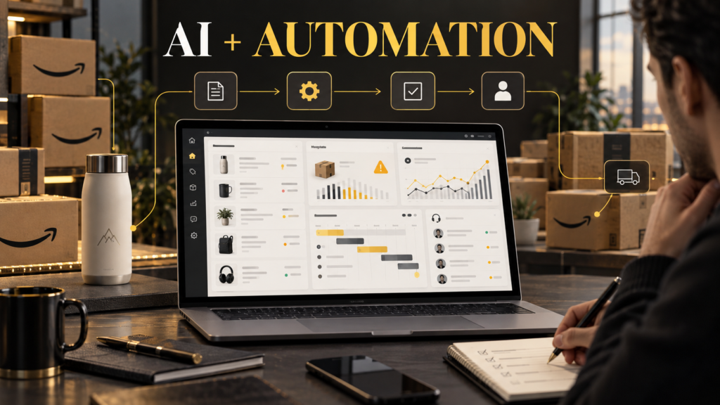 Ecommerce operator reviewing an anonymized Amazon product, inventory and advertising automation dashboard with human approval steps