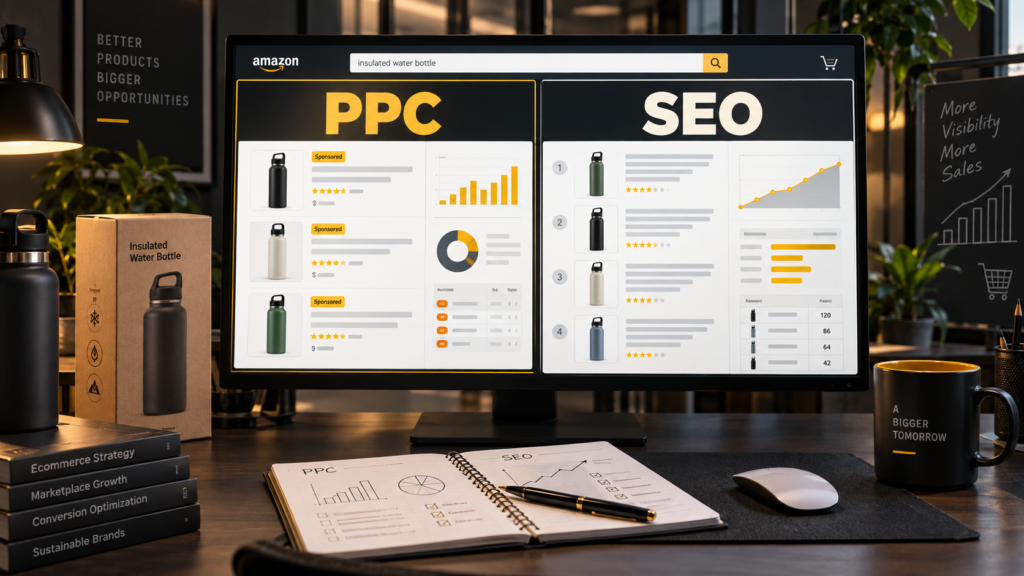 Anonymized Amazon product search comparison showing sponsored PPC placements and organic SEO results side by side
