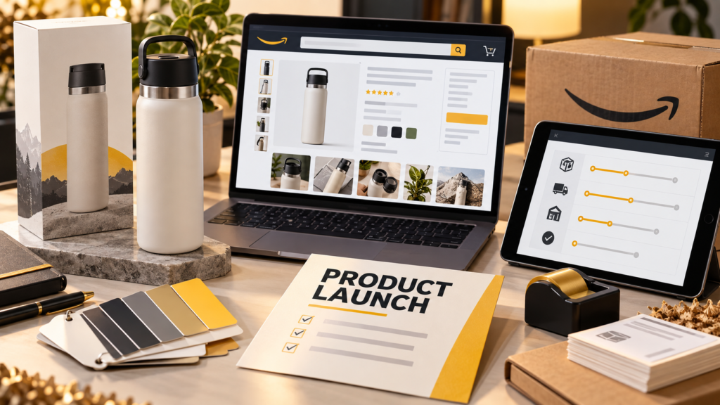 Amazon product launch planning workspace with a product listing preview, inventory timeline, packaging and launch checklist