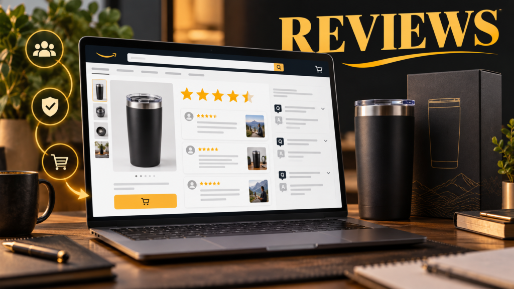 Amazon product detail page showing customer star ratings, review cards, and buyer questions for an unbranded product