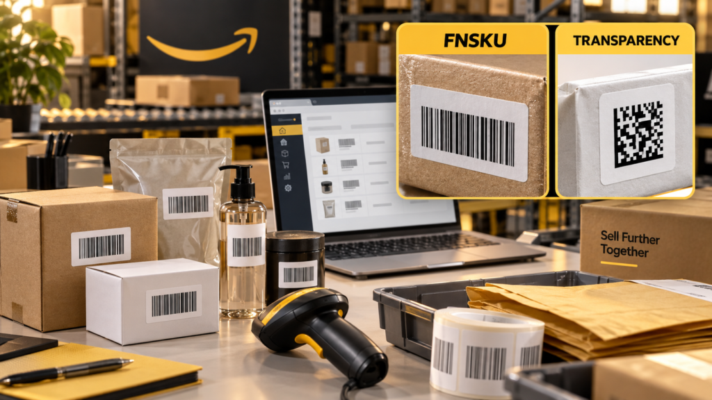 Amazon fulfillment products with FNSKU barcode labels and Transparency codes, scanner, and inventory workstation