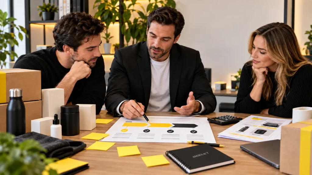 Amazon consulting strategy workspace with a planning board, account review checklist and product samples