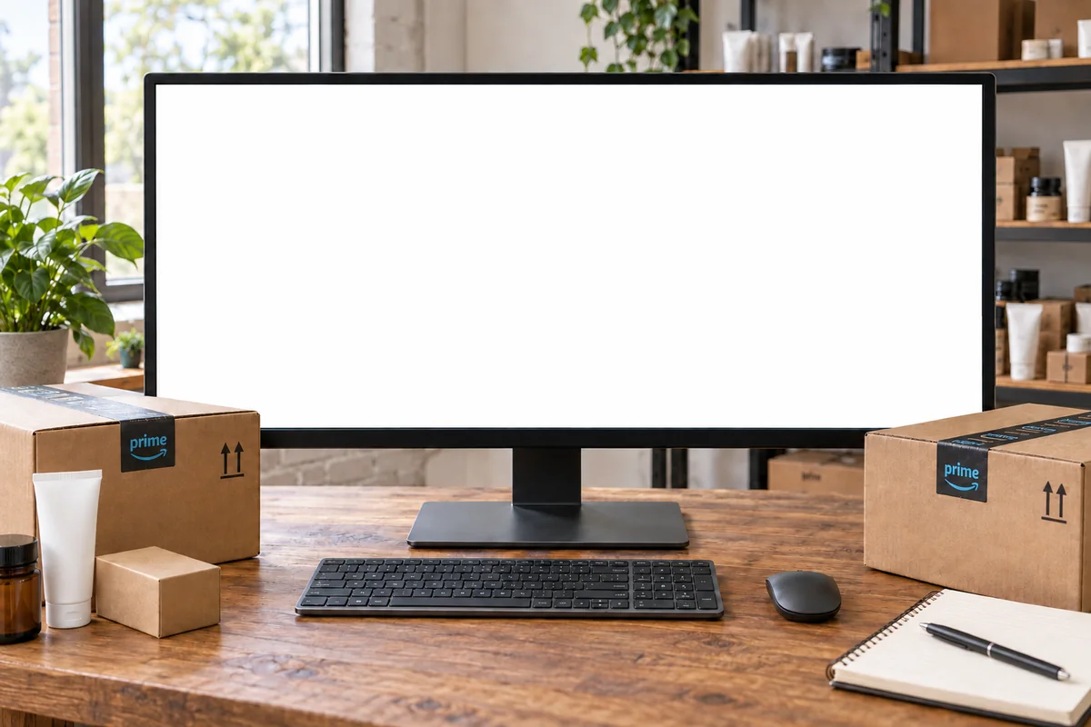 Illustrative Amazon ecommerce workspace with parcels and a desktop monitor displaying an unchanged client account screenshot.