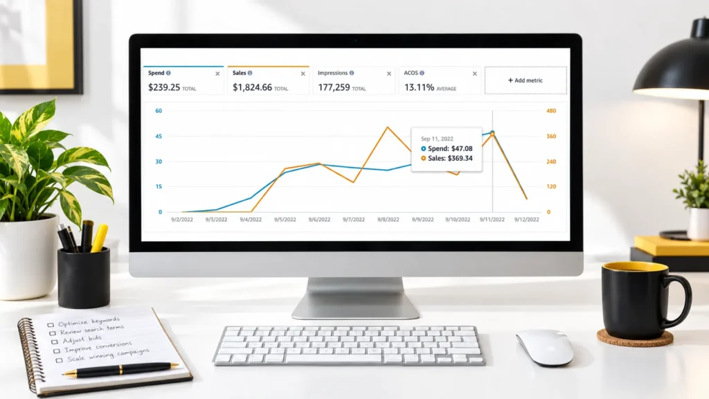 Amazon PPC analysis workspace with genuine campaign results showing $1,824.66 sales, 177,259 impressions and 13.11% ACoS.