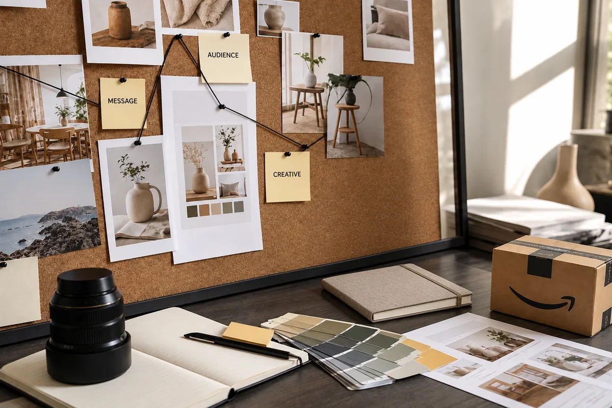 Amazon ecommerce creative-testing workspace with product samples, shipping parcels and a planning notebook.