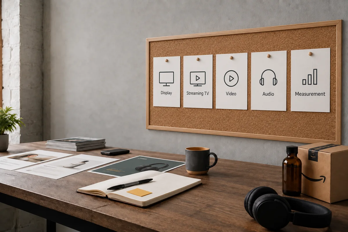 Amazon ecommerce media-planning workspace with product samples, shipping parcels and a campaign checklist.