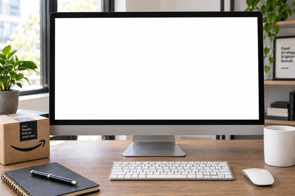 Illustrative Amazon advertising workspace with an unchanged client Amazon Ads results screenshot on the desktop monitor.