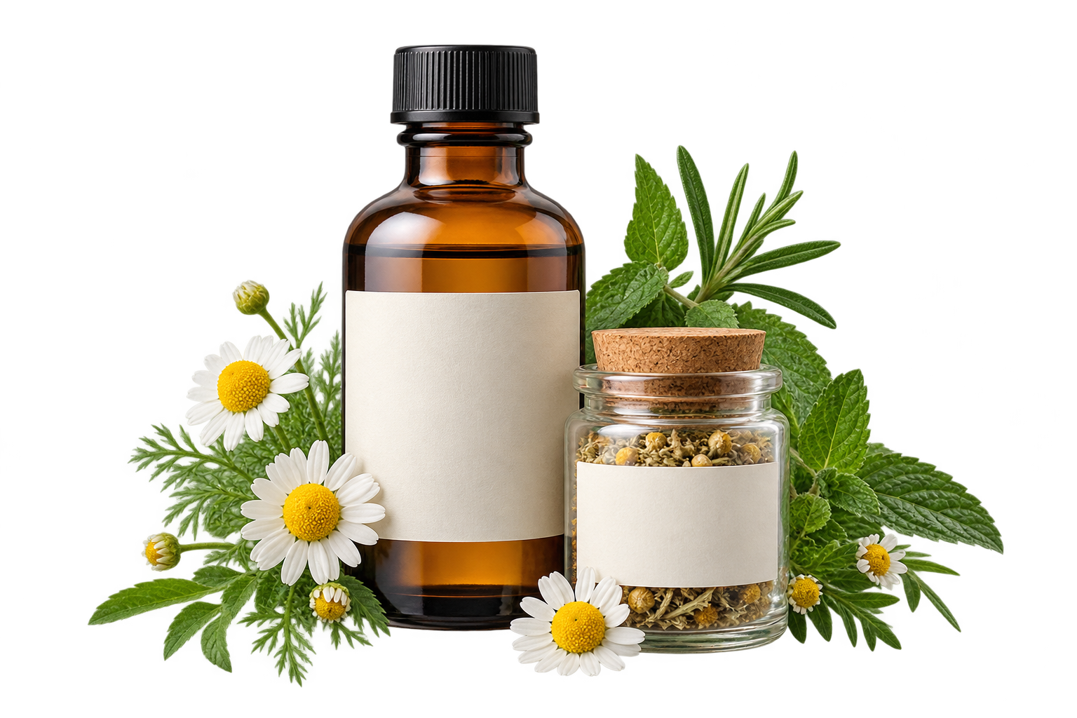Illustrative unbranded herbal remedies still life