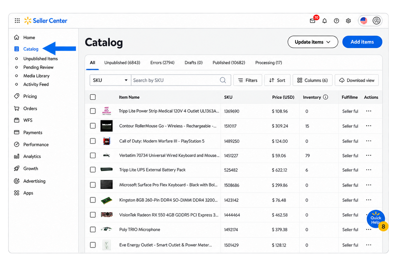 Walmart Seller Center catalog dashboard with the Catalog navigation highlighted