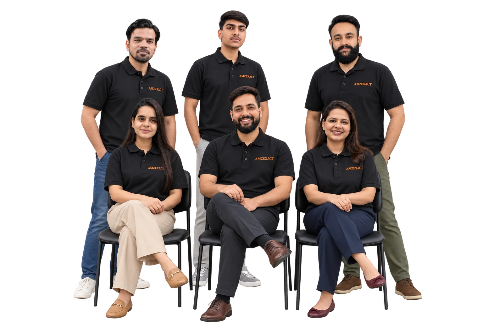 Six Amzexact team members in black team shirts